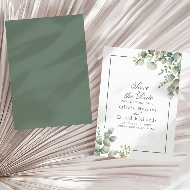 Save The Date Élégante verdure Eucalyptus Mariage botanique (Elegant Greenery Eucalyptus Botanical Wedding Save The Date on a sunny neutral dry palm leaf.)