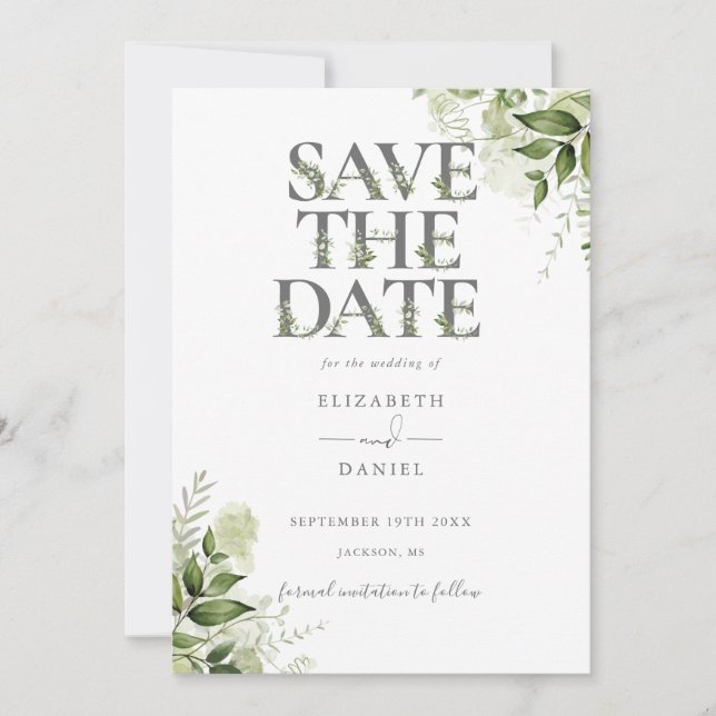 Save The Date Élégante verdure Mariage de typographie florale (Devant)