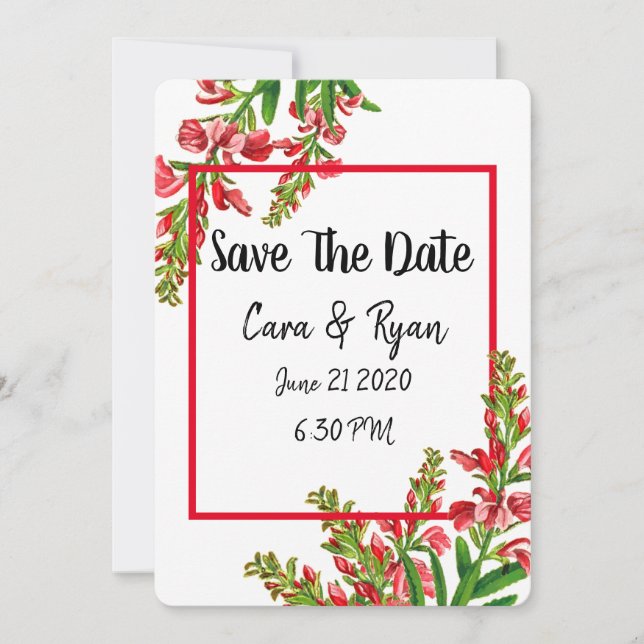 Save The Date Élégante verdure Rouge Floral traditionnel (Devant)