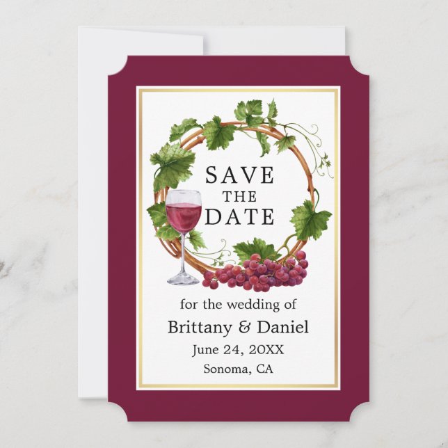 Save The Date Élégante vigne de raisin Aquarelle Wreath Bourgogn (Devant)