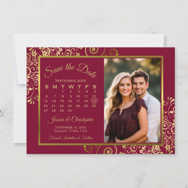 Save The Date Élégantes Boucles Dorées Calendrier Photo Mariage  (Devant)