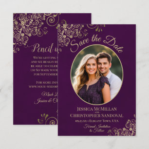 Save The Date Élégantes Boucles Dorées Ovale Photo Mariage Prune