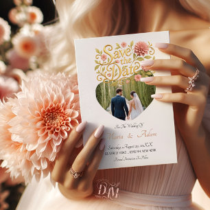 Save The Date Élégantes Dahlias Rose Mariage Photo Script Doré
