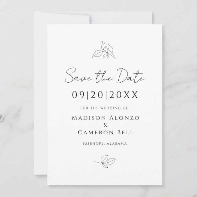 Save The Date Élégantes feuilles botaniques mariage noir blanc c (Devant)
