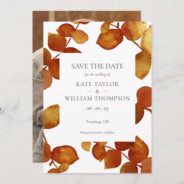 Save The Date Élégantes feuilles de terre cuite botaniques Photo (Devant / Derrière)