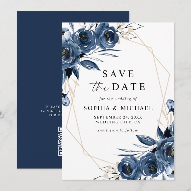Save The Date Élégantes Fleurs Bleu Marine & Code QR de Mariage (Devant / Derrière)
