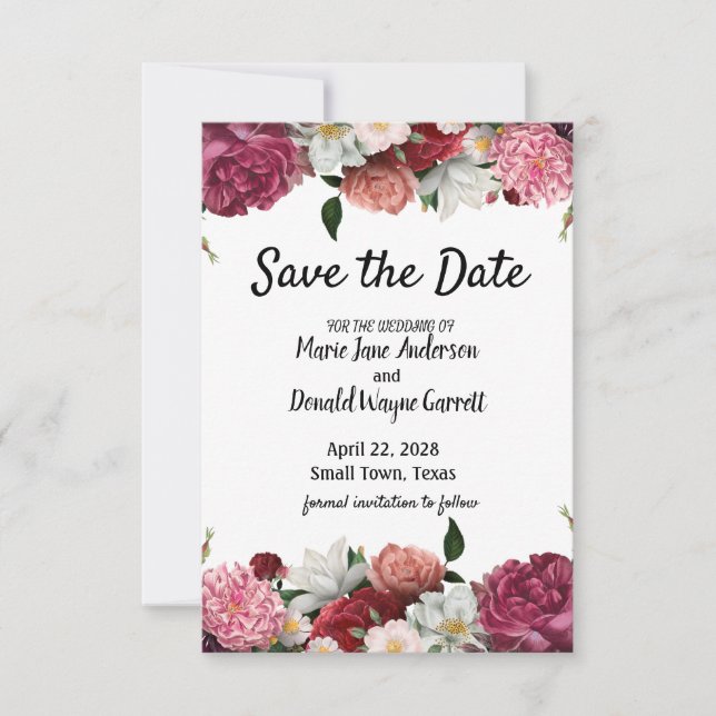 Save The Date Élégantes fleurs bordeaux et roses (Devant)