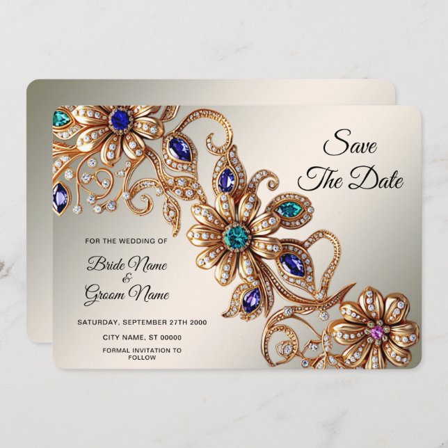 Save The Date Élégantes Fleurs De Bijoux En Or Enregistrer La Da (Devant / Derrière)