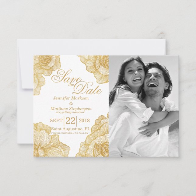 Save The Date Élégantes Fleurs Dorées Simples Faire Part de Date (Devant)