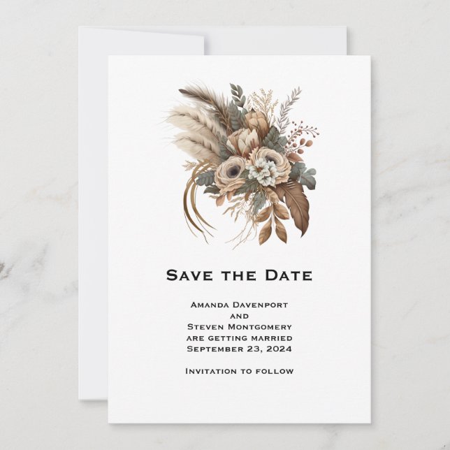 Save The Date Élégantes Fleurs Foliage et Plumes Mariage (Devant)
