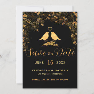 Save The Date Élégantes Fleurs Noires et Dorées Oiseaux Photo Pe