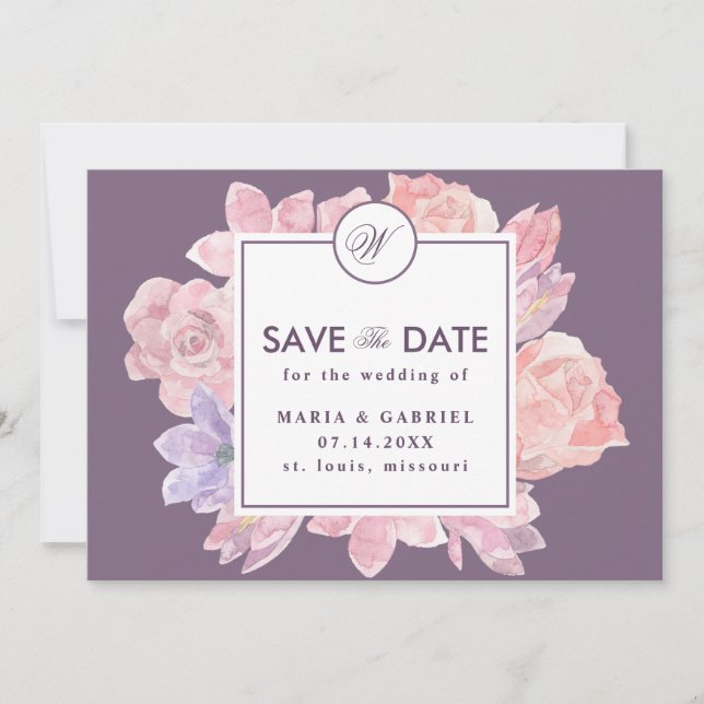 Save The Date Élégantes fleurs rousses. Pourpre tendance (Devant)