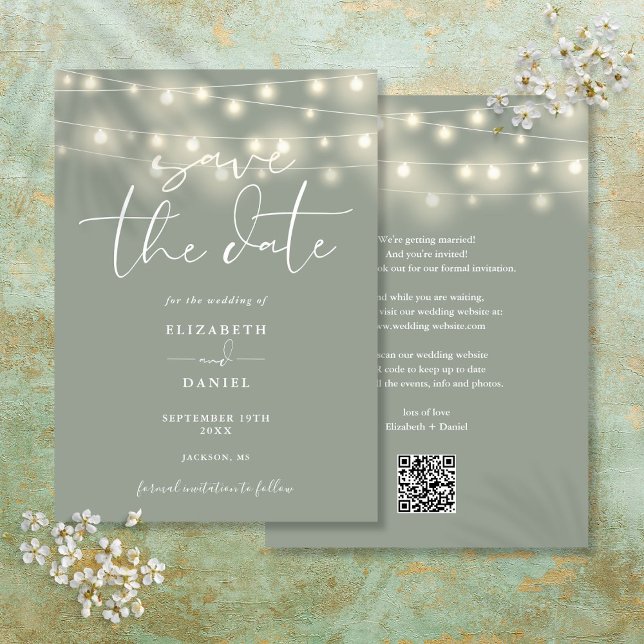 Save The Date Élégantes guirlandes lumineuses vert sauge Code QR (Elegant String Lights Sage Green QR Code Wedding Save The Date)