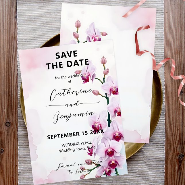Save The Date Élégantes Orchidées Papillon Fleurs Roses Mariage (Créateur téléchargé)
