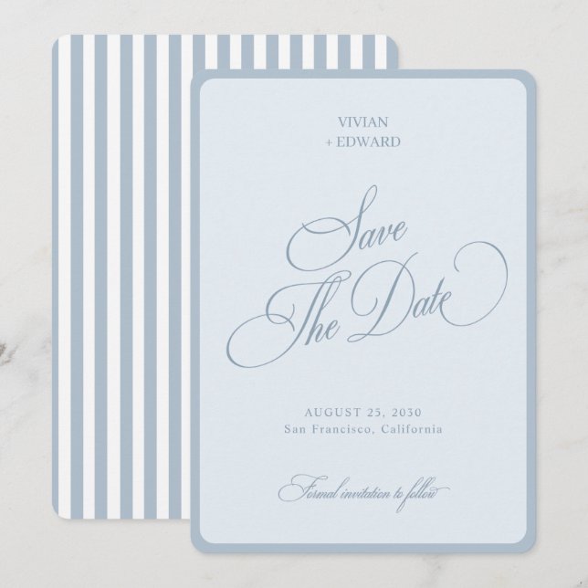Save The Date Élégantes Rayures Bleues Côtières Bordure Mariage  (Devant / Derrière)