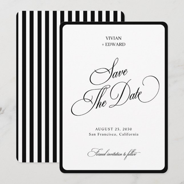 Save The Date Élégantes Rayures Bordure Mariage Noir & Blanc (Devant / Derrière)