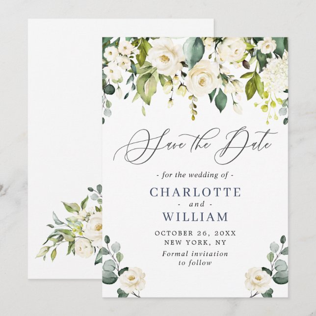 Save The Date Élégantes Roses Blanches d'Ivoire d'Eucalyptus pou (Devant / Derrière)