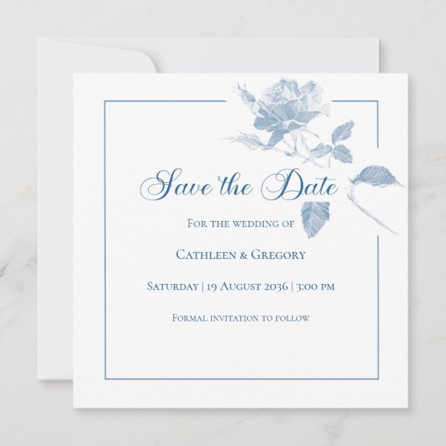 Save The Date Élégantes Roses Blanches Fleurs Mariage Bleu Pouss (Devant)