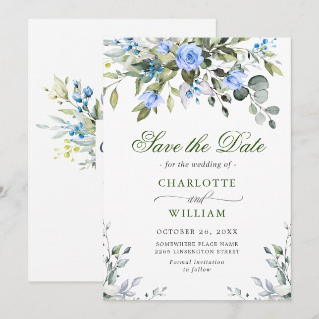 Save The Date Élégantes Roses Bleues De Eucalyptus Fleurs Mariag (Devant / Derrière)