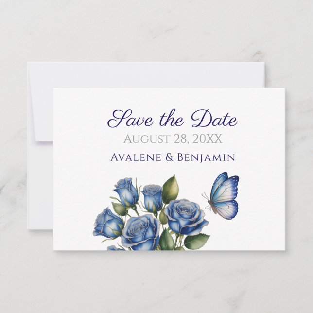Save The Date Élégantes Roses Bleues Papillon Mariage Argent (Devant)