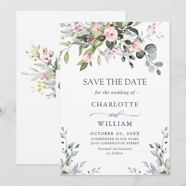 Save The Date Élégantes Roses Fardées d'Eucalyptus Mariage Flora (Devant / Derrière)