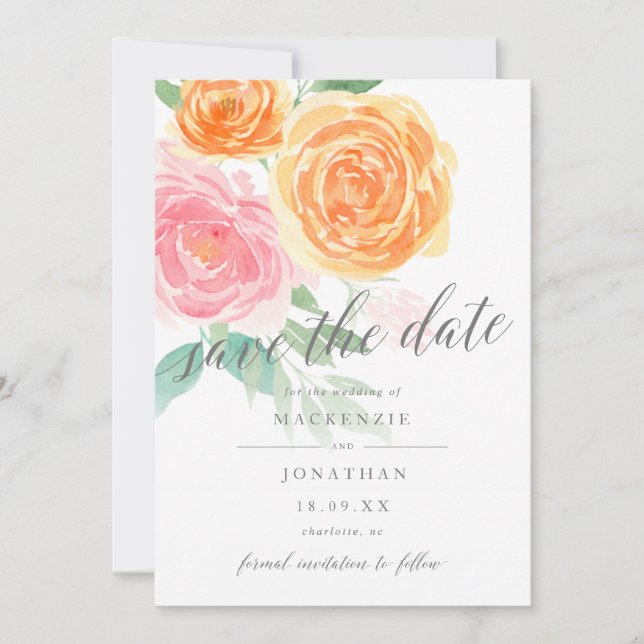 Save The Date Élégantes Roses Roses et Oranges Photo Mariage (Devant)