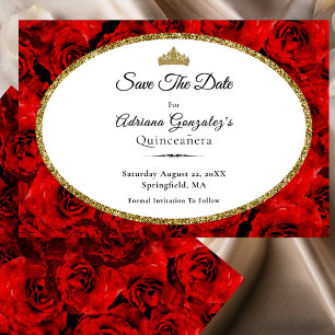 Save The Date Élégantes Roses Rouges et Or Quinceanera