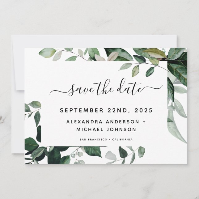 Save The Date Éléments de verdure botanique aquarelle mariage en (Devant)