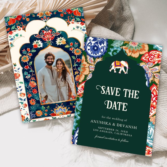 Save The Date Éléphant de l'art populaire indien Vert Émeraude M (Créateur téléchargé)