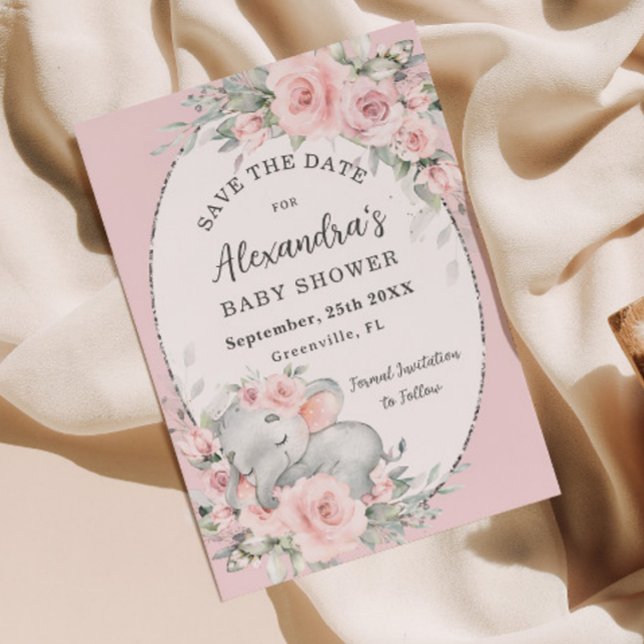 Save The Date Eléphant dormant doux Baby shower floral rose (Créateur téléchargé)