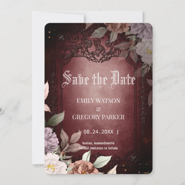 Save The Date Elgant Gothique Turquoise rouille rouge, Rose enca (Devant)