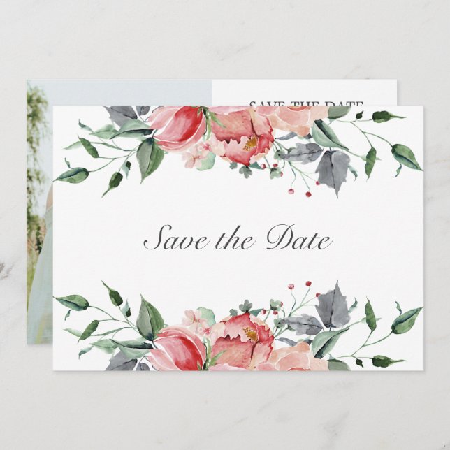 Save The Date Elizabeth Elegant Mariage Fleurs Roses Sauvez La D (Devant / Derrière)
