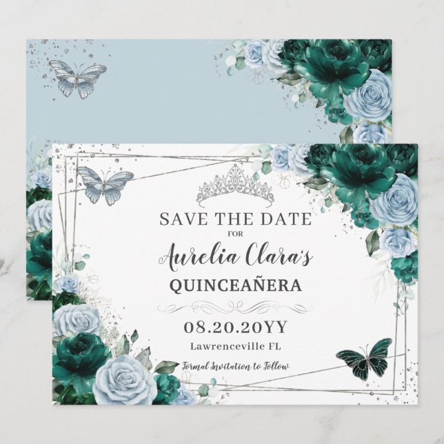 Save The Date Emerald Blue Floral Silver Quinceanera XV Sweet 16 (Devant / Derrière)