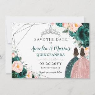 Save The Date Emerald Blush Floral Twins Quinceanera Sweet 16