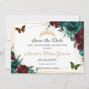 Save The Date Emerald Bourgogne Floral Quinceañera Sweet sixteen