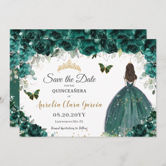 Save The Date Emerald Floral Princess Quinceañera Enregistrer la (Devant / Derrière)