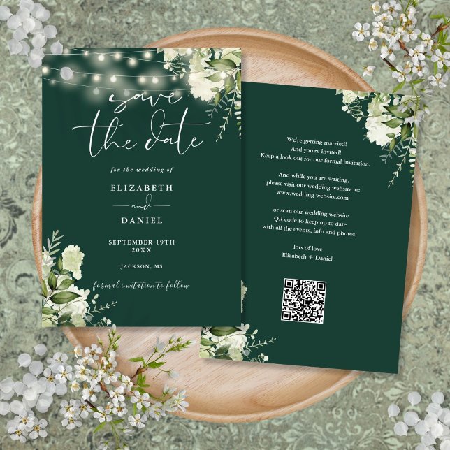 Save The Date Emerald Floral String Lights QR Code Mariage (Emerald Floral String Lights QR Code Wedding Save The Date)