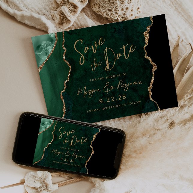 Save The Date Emerald Green Agate Script Wedding Enregistrer la  (Choose from printed invitations, instant digital download or both.)