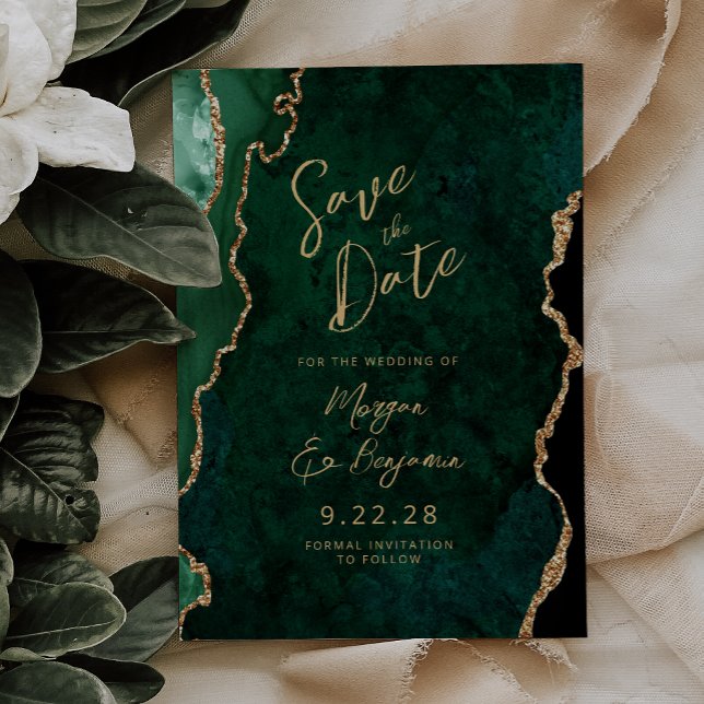Save The Date Emerald Green Agate Script Wedding Enregistrer la  (Créateur téléchargé)