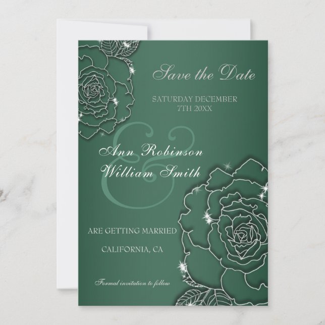Save The Date Emerald green Argent floral Elégant mariage (Devant)