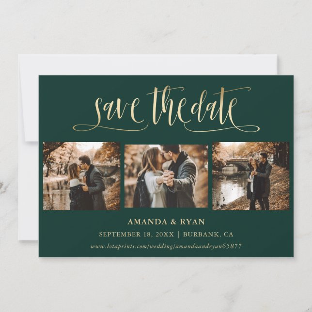 Save The Date Emerald Green et Gold Mariage Photo Enregistrer la (Devant)