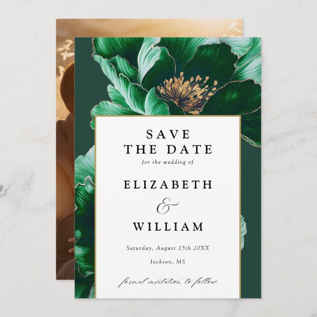 Save The Date Emerald Green Et Gold Modern Floral Photo Mariage (Devant / Derrière)