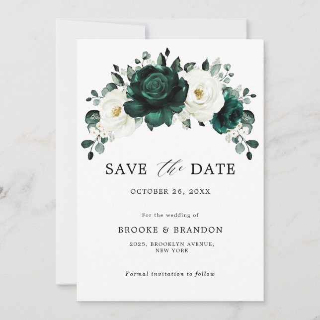 Save The Date Emerald Green Eucalyptus Blanc Floral Mariage (Devant)