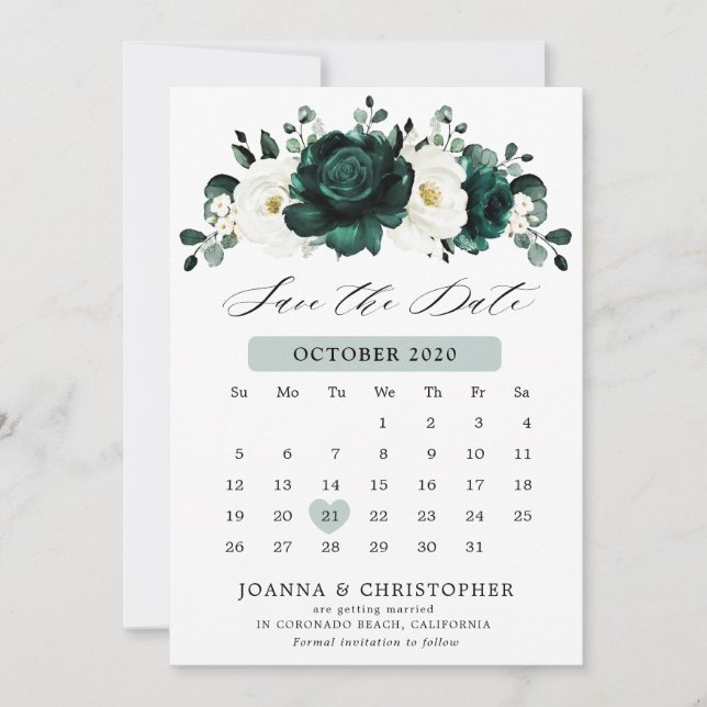Save The Date Emerald Green Eucalyptus White Floral Calendrier (Devant)