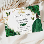 Save The Date Emerald Green Floral Princess Gold Quinceañera<br><div class="desc">Personnalisez ce joli vert émeraude fleuri or géométrique Quinceañera / Sweet 16 anniversaire enregistrer la date facilement et rapidement. Cliquez simplement sur le bouton customiser pour modifier les textes, modifier les polices et les couleurs des polices. Doté d'une fille habillée d'une belle robe de balle vert émeraude, de roses vert...</div>