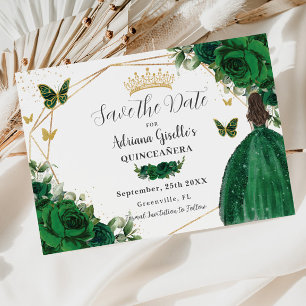Save The Date Emerald Green Floral Princess Gold Quinceañera