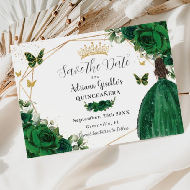 Save The Date Emerald Green Floral Princess Gold Quinceañera (Créateur téléchargé)