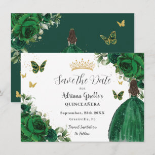 Save The Date Emerald Green Floral Princess Gold Quinceañera