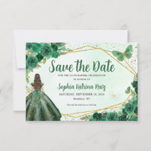 Save The Date Emerald Green Floral Princess Quinceañera