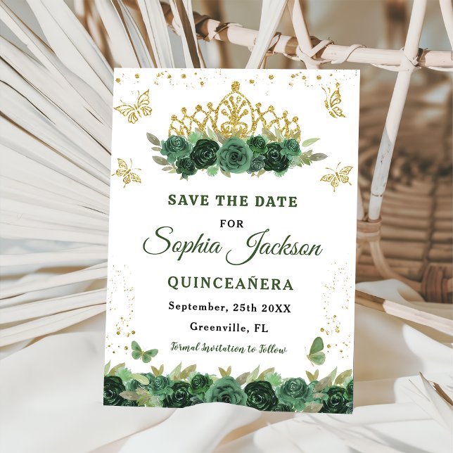 Save The Date Emerald Green Floral Tiara Butterfly Quinceanera (Créateur téléchargé)